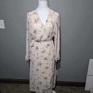 Everly Floral Rayon Wrap Dress Long Sleeve Size L Pink Multicolor Fairy Whimsy‎